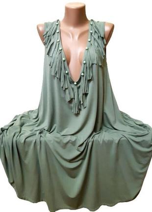 6xl-9xl светло зеленое платье asos, мега батал сарафан из вискозы с бахромой на декольте, маврикий, 1 экз.1 фото