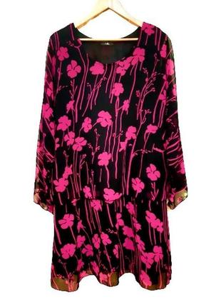 2xl-4xl шифоновое черное платье, принт фуксия цветы, рукав как кимоно, в 1 экз.6 фото