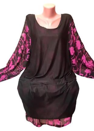 2xl-4xl шифоновое черное платье, принт фуксия цветы, рукав как кимоно, в 1 экз.4 фото