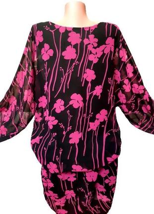 2xl-4xl шифоновое черное платье, принт фуксия цветы, рукав как кимоно, в 1 экз.3 фото
