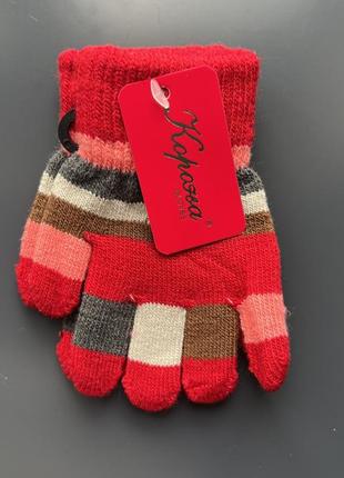 Перчатки с начесом одинарные полосатые корона, 12 см на 1-3 года красные