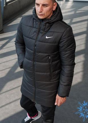 Куртка мужская зимняя nike удлиненный теплый пуховик черный с капюшоном турция. живое фото. чоловіча куртка