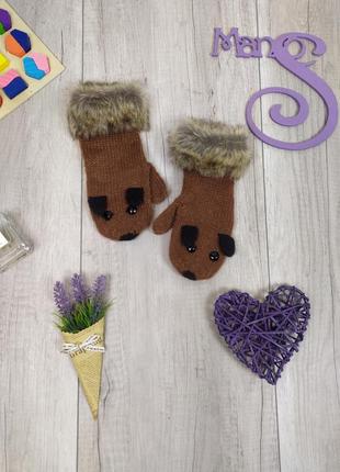 Звірорукавички tu, рукавиці, коричневі, в'язані з хутром, розмір one size