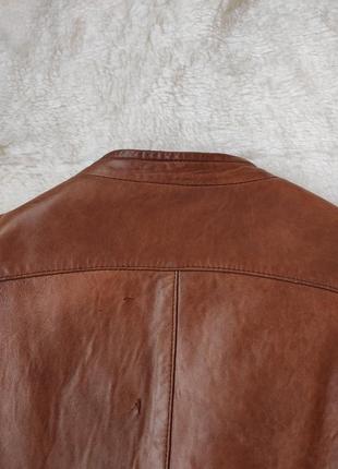 Коричневая натуральная кожаная куртка мужская кожанка косуха без воротника курточка кожа рыжая винта9 фото
