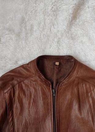 Коричневая натуральная кожаная куртка мужская кожанка косуха без воротника курточка кожа рыжая винта7 фото