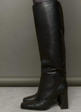 Zara високі шкіряні чоботи на підборах, ботфорти, сапоги, сапожки, ботинки5 фото