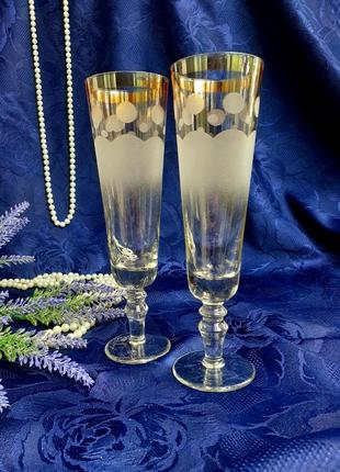 Bohemia 🧡 винтаж🥂 фужеры бокалы фактурная гравировка позолота высокие на ножке крупные чехословакия богемия литое стекло для шампанского
