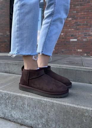 Уггі ugg ultra mini brown коричневі натуральні замша та хутро натуральне10 фото