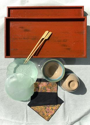Набор посуды япония винтаж поднес чашка тарелка стекло керамика дерево7 фото