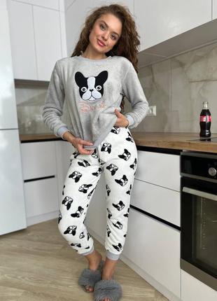 Жіноча тепла махрова піжама, піжамка французік, собака, песик, осінь, зима