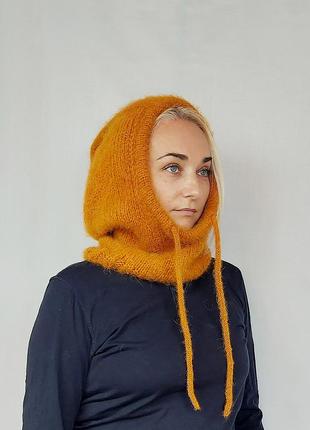 Темно помаранчевий капор капюшон з альпаки ручної роботи8 фото