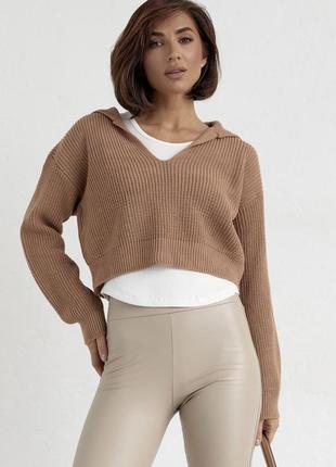Вязаный укороченный пуловер джемпер мирер с воротничком вырезом поло с майкой базовый стильный зара zara