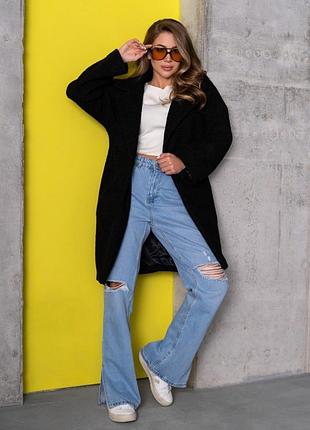 Пальто-кокон из однотонного черного букле