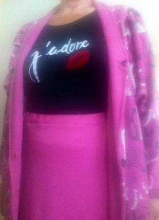 Женский фуксия розовый яркий теплый вязаный трикотажный костюм:кардиган+юбка. большой размер1 фото