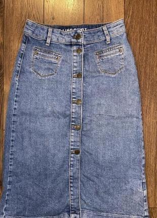 Стильная винтажная джинсовая коттоновая деним длинная юбка в обтяжку миди на пуговицах xs/s