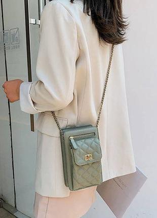 Женская мини сумочка клатч с цепочкой стегана, маленькая сумка для девушек, модный женский кошелек-клатч зеленый3 фото