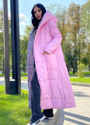 Роскошная двусторонняя длинная тёплая курточка пальто с капюшоном одеяло зефирка пуховик парка розовая барби серая чёрная серебристая зимняя осенняя6 фото