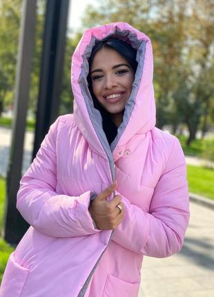 Двусторонняя длинная тёплая курточка пальто с капюшоном одеяло зефирка пуховик парка шуба розовая барби серая чёрная серебристая зимняя осенняя9 фото