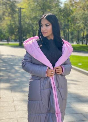 Двусторонняя длинная тёплая курточка пальто с капюшоном одеяло зефирка пуховик парка шуба розовая барби серая чёрная серебристая зимняя осенняя8 фото
