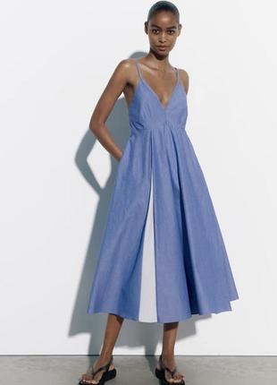 Красивое коттоновое платье в тоненькую полоску сарафан zara,