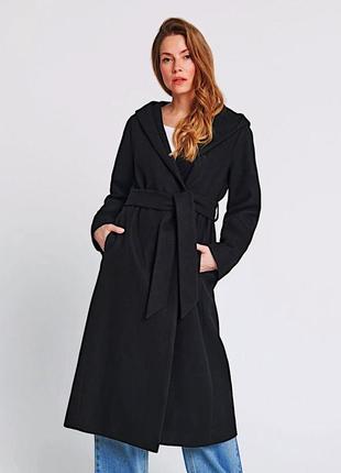 Черное пальто женское демисезонное стильное s xs классическое модное 42 44 с капюшоном с поясом плащ куртка тренч