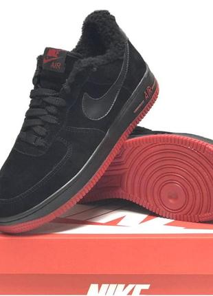 Зимние мужские кроссовки nike air force 1 winter black red (мех) 41-42-43-44-45