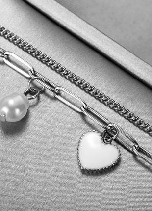Медсталь двойная браслет цепочка с подвесками с жемчужинкой сердечником медицинское серебро купить подарок медзолото4 фото