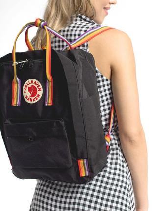 Черный рюкзак сумка fjallraven kanken classic 16l с радужными ручками2 фото