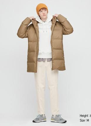 Довга зимова пухова куртка uniqlo seamless down coat, хакі-беж