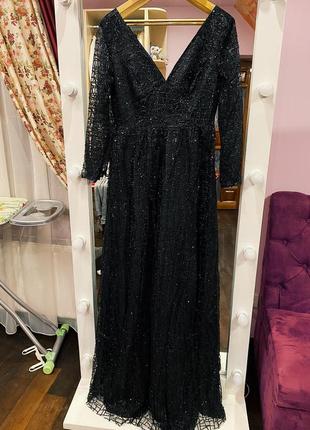 Черное длинное блестящее платье вечернее 48 l роскошное макси на вечер 46 оригинальное красивое не дорого сияющее4 фото
