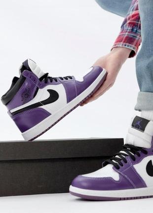 Зимові жіночі кросівки nike air jordan 1 winter purple white black (хутро) 373 фото