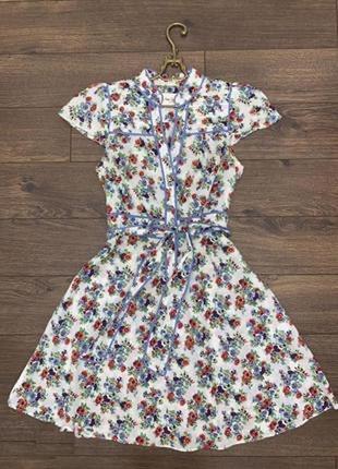 Красивенное миди солнце платье xs из тонкого 100% хлопка под пояс в сельском стиле