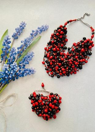 Набір намисто та браслет з дерева червоно-чорне, ручна робота
