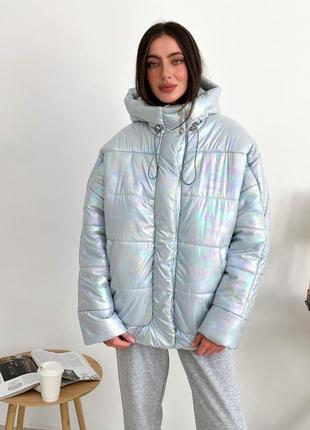 Женская зимняя теплая перламутровая куртка в универсальном размере 42 48 с капюшоном ткань плащевка силикон6 фото