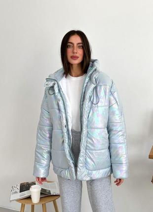Женская зимняя теплая перламутровая куртка в универсальном размере 42 48 с капюшоном ткань плащевка силикон9 фото