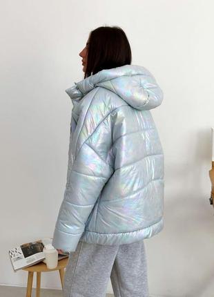 Женская зимняя теплая перламутровая куртка в универсальном размере 42 48 с капюшоном ткань плащевка силикон4 фото