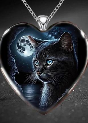Винтажный кулон на цепочке сердце лунный кот