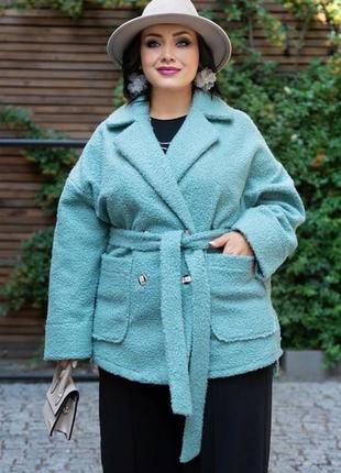 Кардиган женский, эко - мех тедди, однотонный пальто - пиджак демисезонный с поясом, батал, оливка