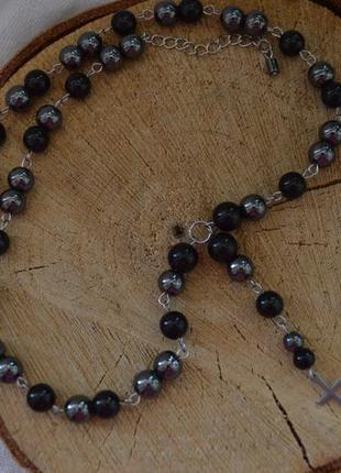 Розарий (бусы-четки) унисекс из обсидиана и гематита с крестиком ′молитва′