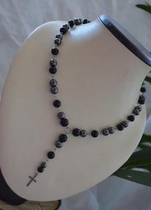 Розарий (бусы-четки) унисекс из обсидиана и гематита с крестиком ′молитва′