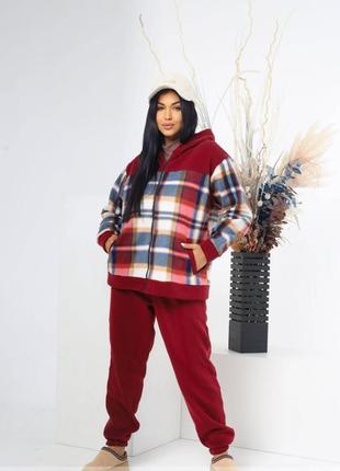 Костюм женский спортивный теплый турецкая ткань на флисе, толстовка с капюшоном, штаны батал вишня
