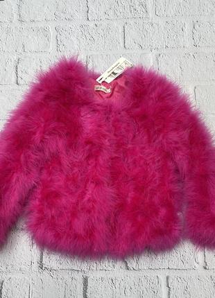 Эпатажная розовая куртка полушубок из пера страуса2 фото
