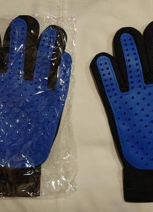 Перчатка для вычесывания шерсти животных, массаж (для кошек и собак), синяя левая