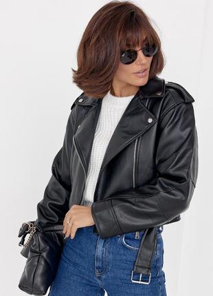 Женская куртка-косуха из кожзама - черный цвет, l (есть размеры)7 фото