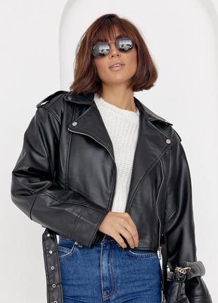 Женская куртка-косуха из кожзама - черный цвет, l (есть размеры)8 фото