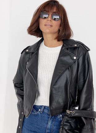 Женская куртка-косуха из кожзама - черный цвет, l (есть размеры)9 фото