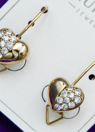 Сережки з сердечками білими фіанітами  розмір: 1.7 см медзолото. медичне золото. xuping1 фото