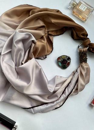 Дизайнерська хустка "шоколадний капучино" від бренда my scarf, подарунок жінці, прикрашений натуральним каменем