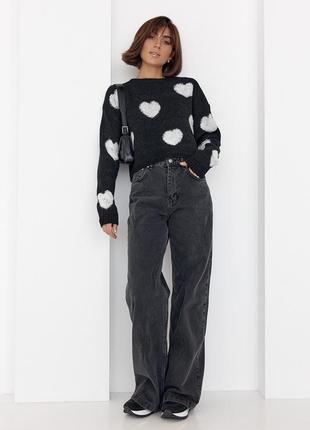 Женский вязаный свитер oversize с сердечками - черный цвет, l (есть размеры)3 фото
