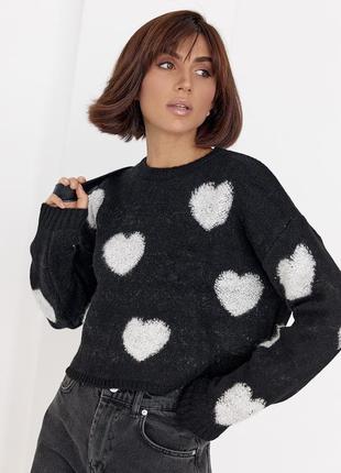 Женский вязаный свитер oversize с сердечками - черный цвет, l (есть размеры)6 фото